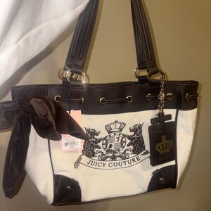 Juicy Couture Cream and Brown Canvas Logo Tote with Gold Accents